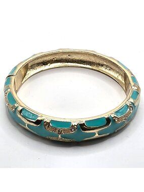 Hinged Bangle Bracelet Gold tone Teal Artsy boho geometric Womens Jewelry